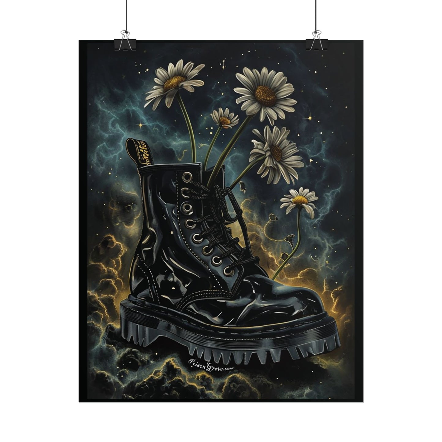 Grunge Floral Black Boot Rolled Poster - Edgy Wall Art for Music Lovers