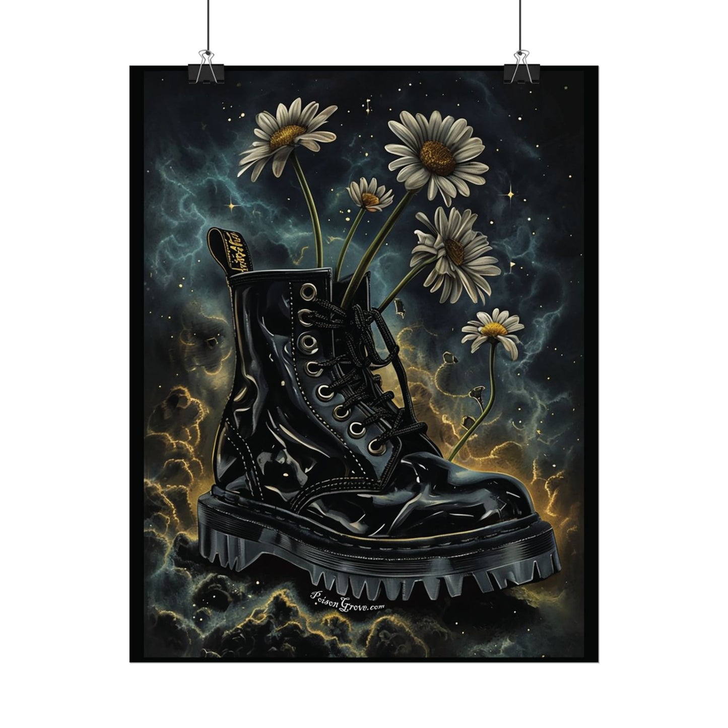Grunge Floral Black Boot Rolled Poster - Edgy Wall Art for Music Lovers