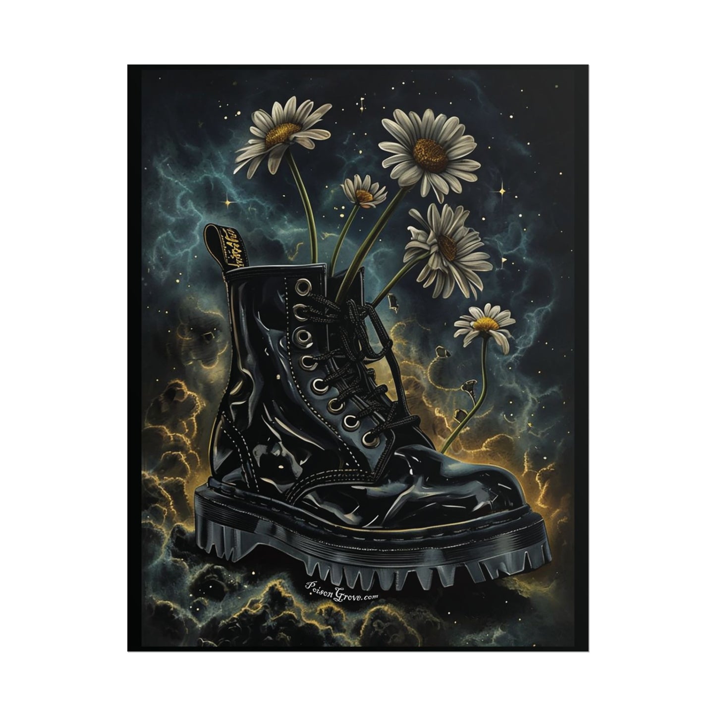Grunge Floral Black Boot Rolled Poster - Edgy Wall Art for Music Lovers