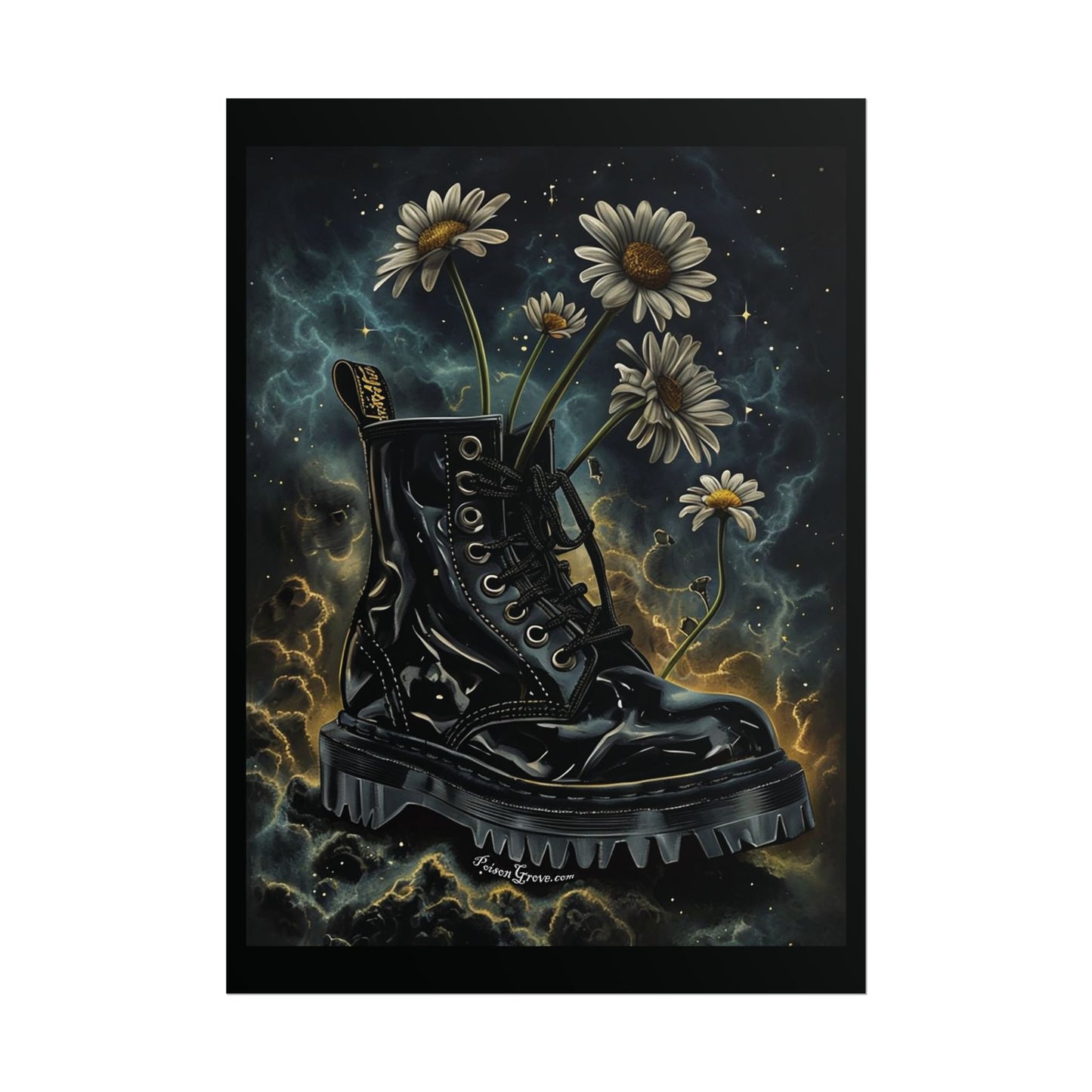 Grunge Floral Black Boot Rolled Poster - Edgy Wall Art for Music Lovers