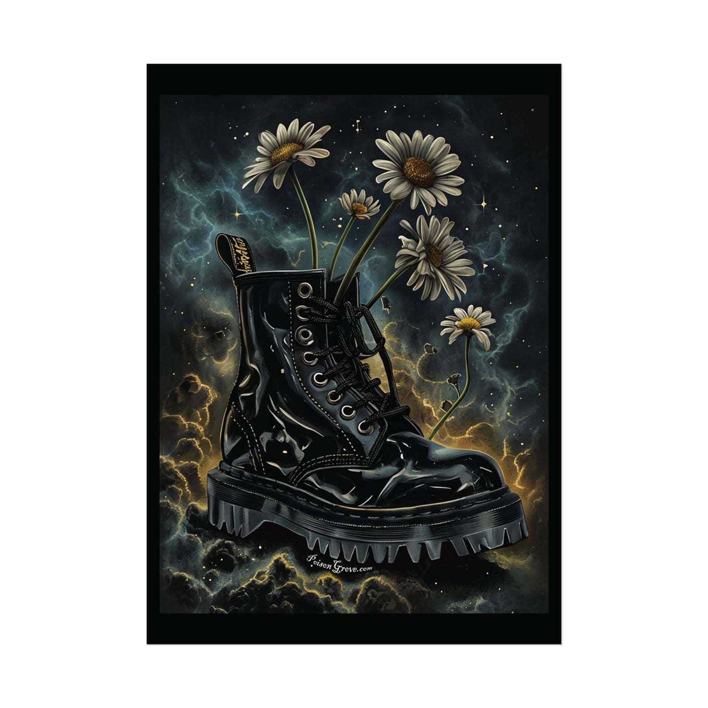 Grunge Floral Black Boot Rolled Poster - Edgy Wall Art for Music Lovers