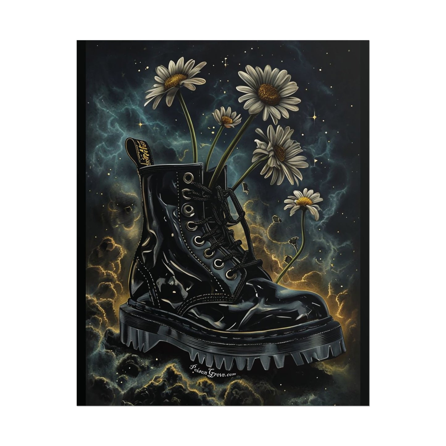 Grunge Floral Black Boot Rolled Poster - Edgy Wall Art for Music Lovers