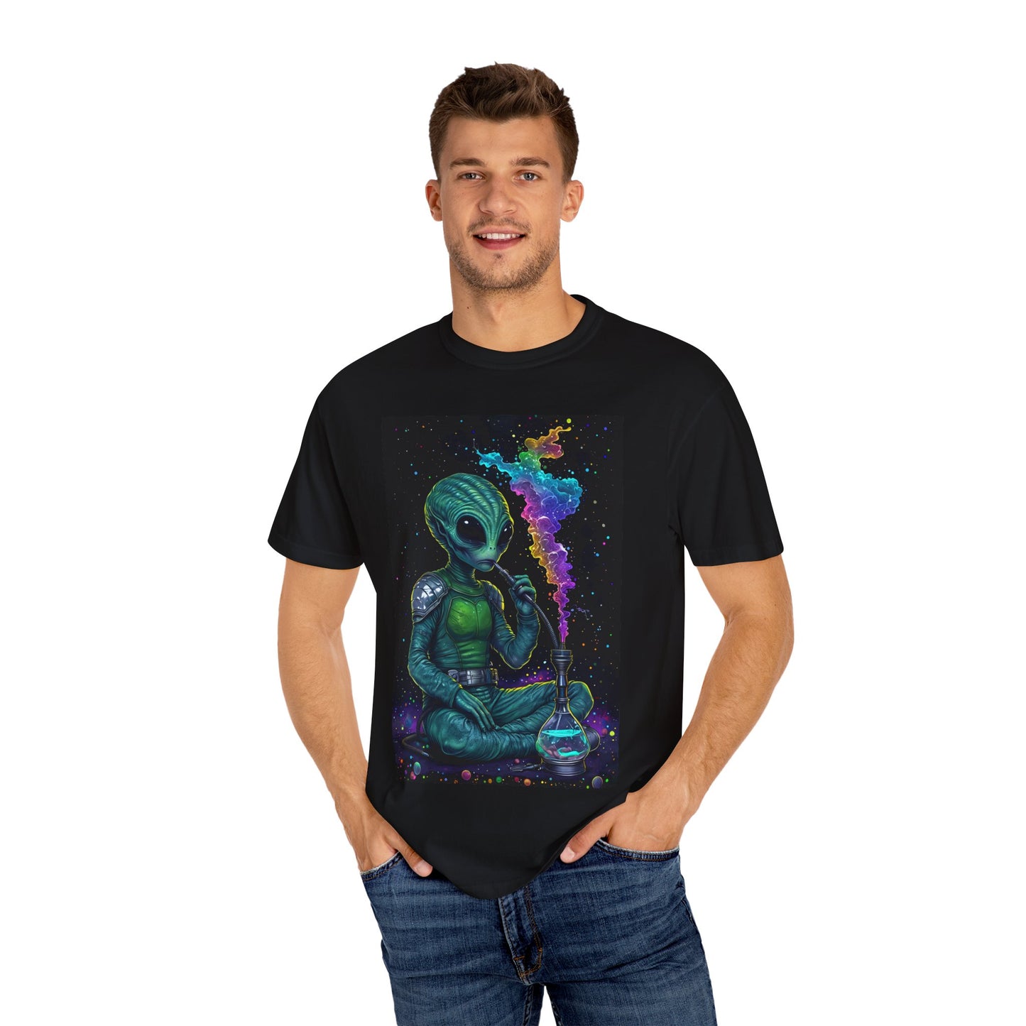 Cosmic Alien Unisex Garment-Dyed T-Shirt - Colorful Retro Sci-Fi Design