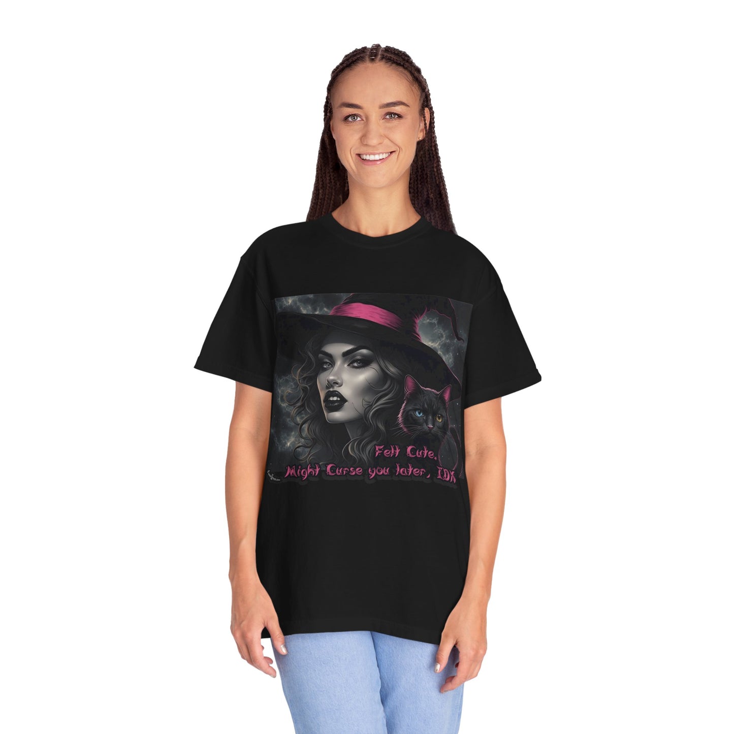 Witchy Cat Graphic T-Shirt - 'Felt Cute, Might Curse You Later'
